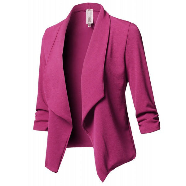 Solid Draped Lapel Blazer with Ruched 3/4 Sleeves