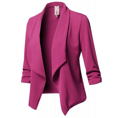 Solid Draped Lapel Blazer with Ruched 3/4 Sleeves