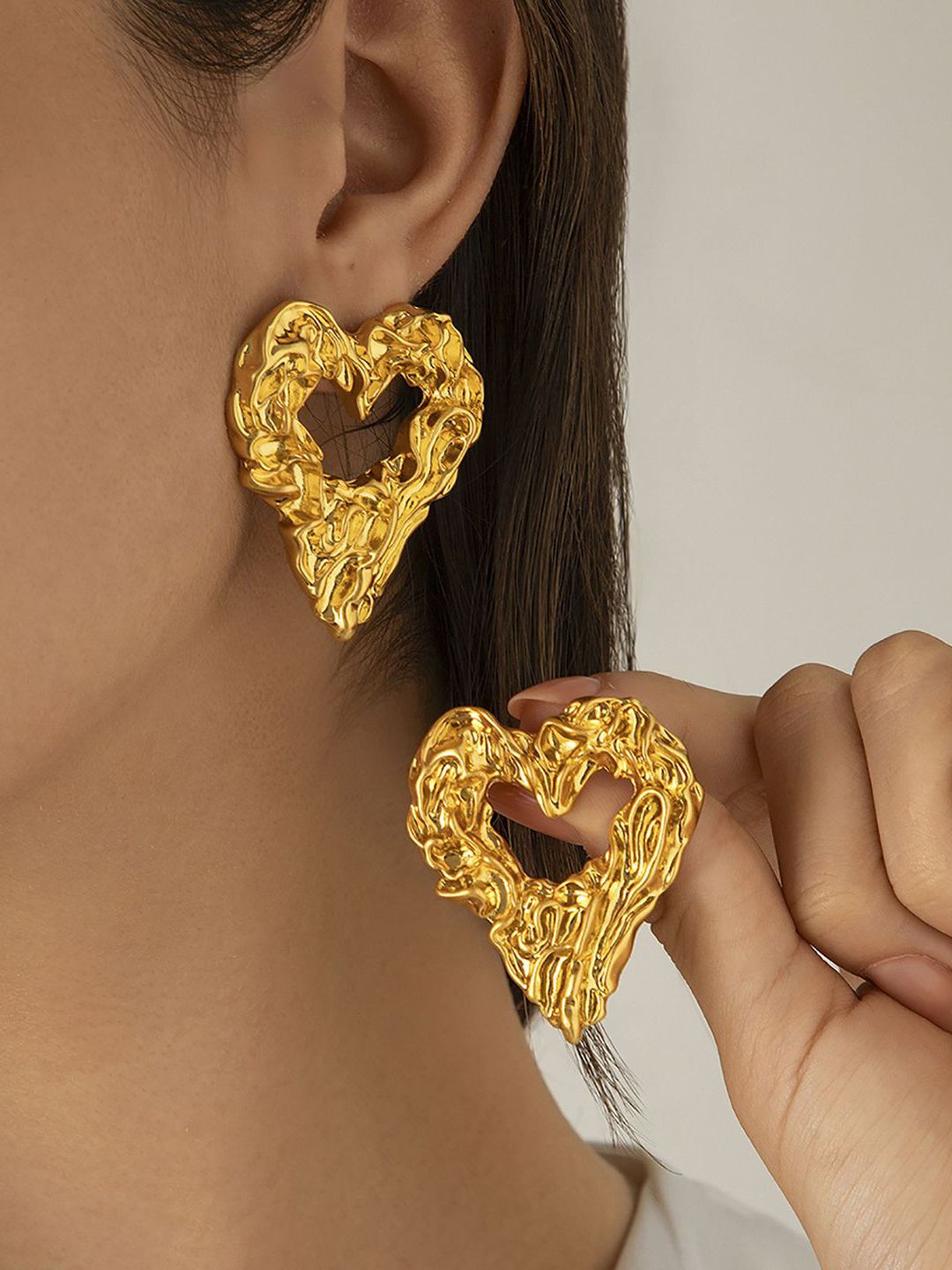 Gold-Plated Heart Shaped Chunky Drop Earrings