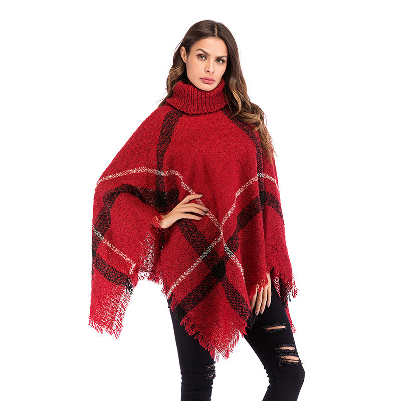 Color-Blocked Plaid Cape with Turtleneck and Fringe Hem