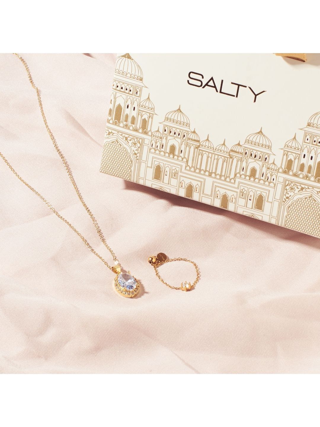 SALTY Twinkle Gem Necklace & Champagne Self-Love Chain Ring Jewellery Set