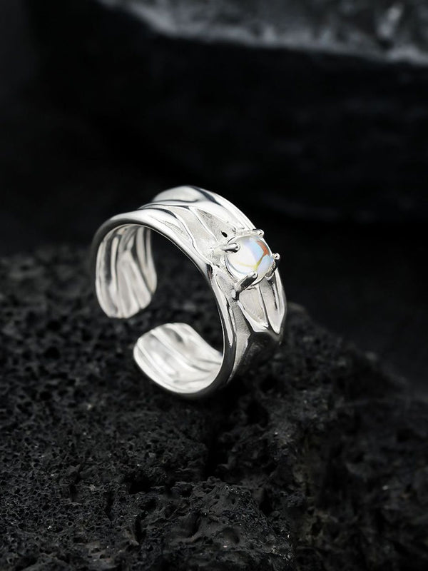 Men Silver-Plated Stone-Studded Textured Adjustable Finger Ring