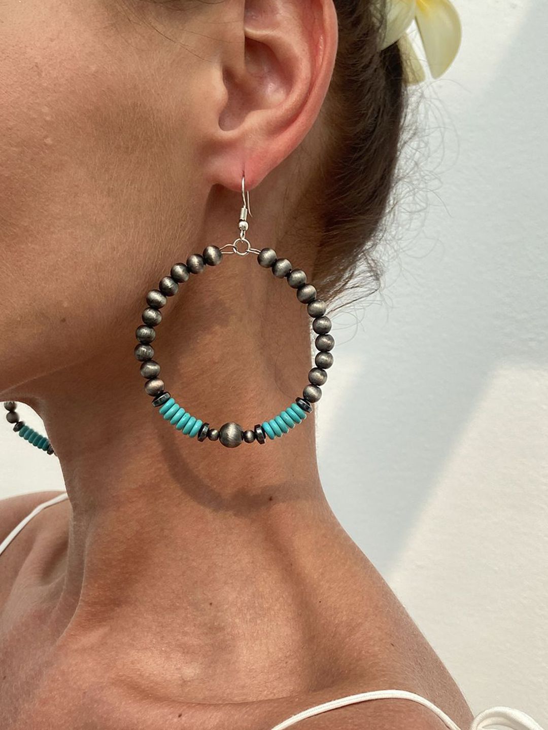 Silver-Plated Artificial Beaded Circular Shaped Drop Earrings