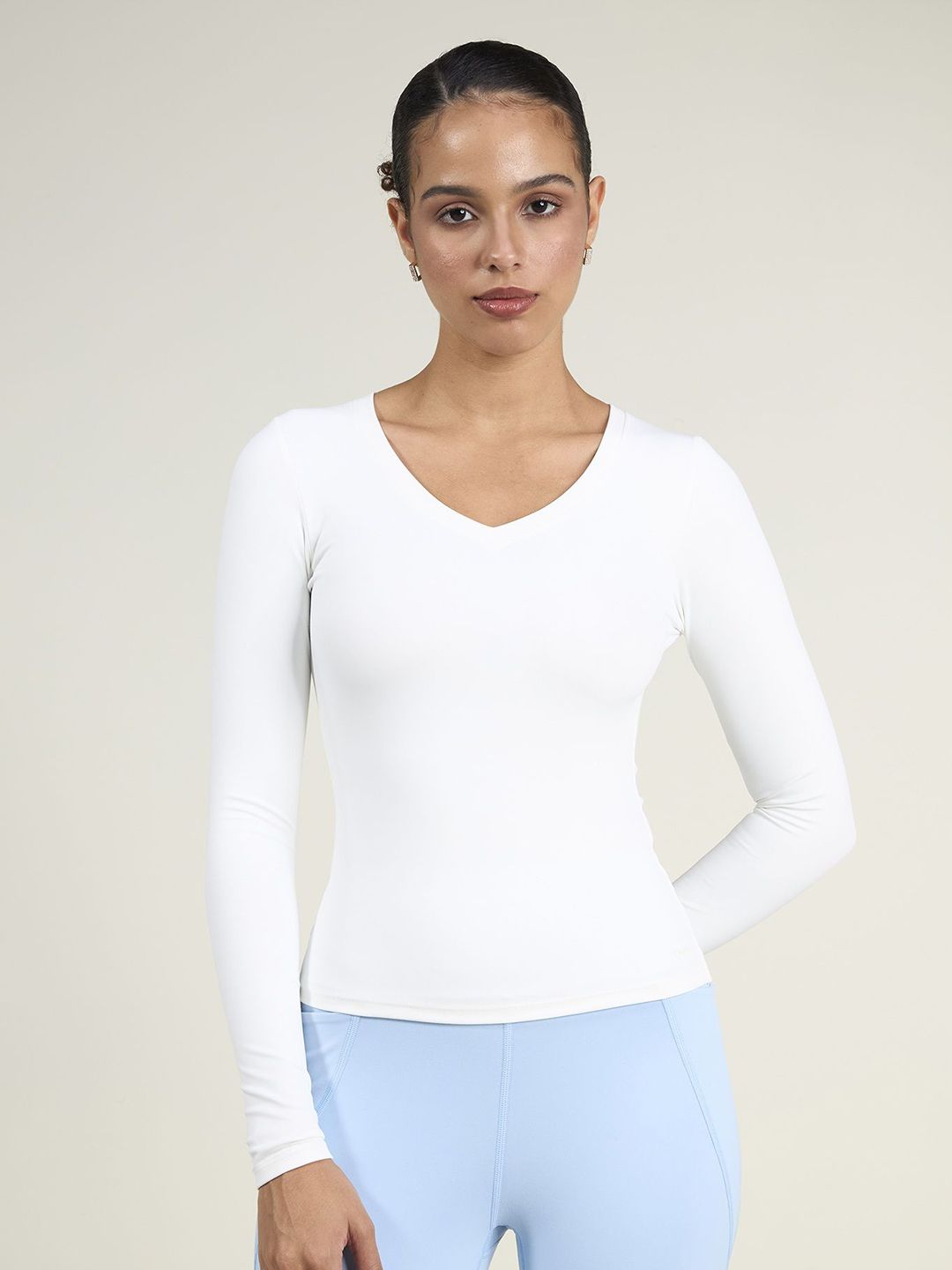 Women White Sculpt V-Neck Top