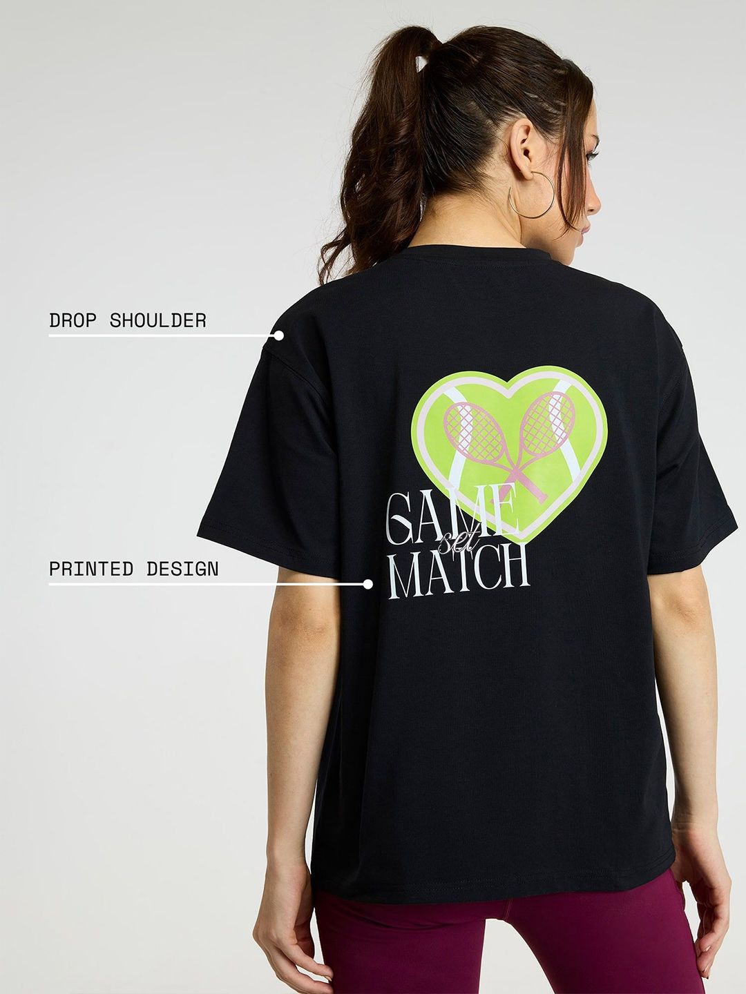 Women Black Courtside Oversized Printed Cotton-Spandex Tee
