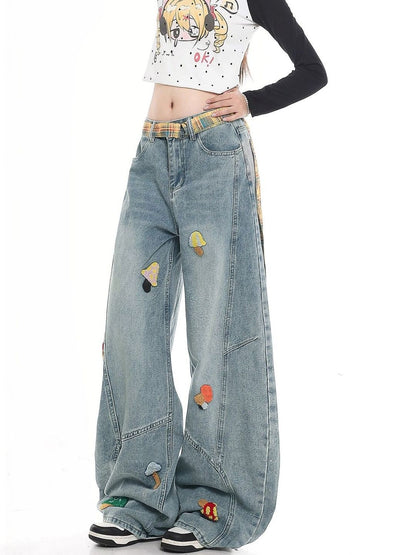Women Wide Leg High-Rise Light Fade Embroidered Jeans