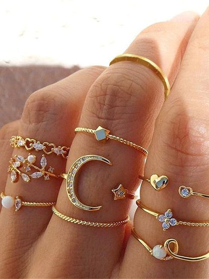 Set of 10 Gold-Plated Stone & Pearls-Studded Finger Rings