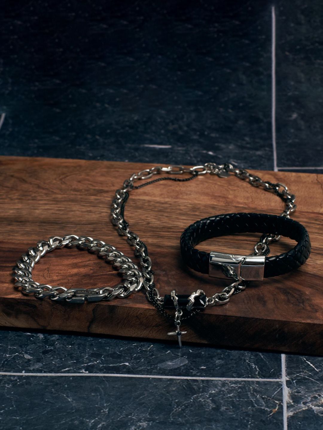 SALTY Men Stainless Steel Crucible Cross Layered Chain And Bracelet Set
