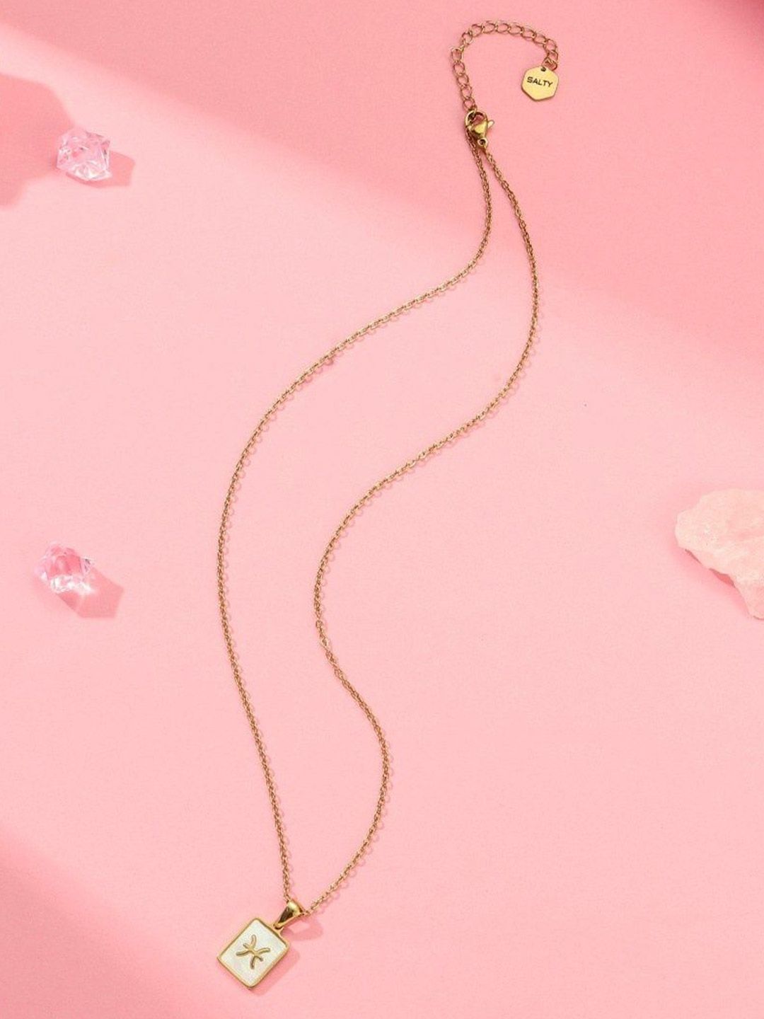 SALTY Gold & White Sign of the Stars Zodiac Pisces Pendant With Chain