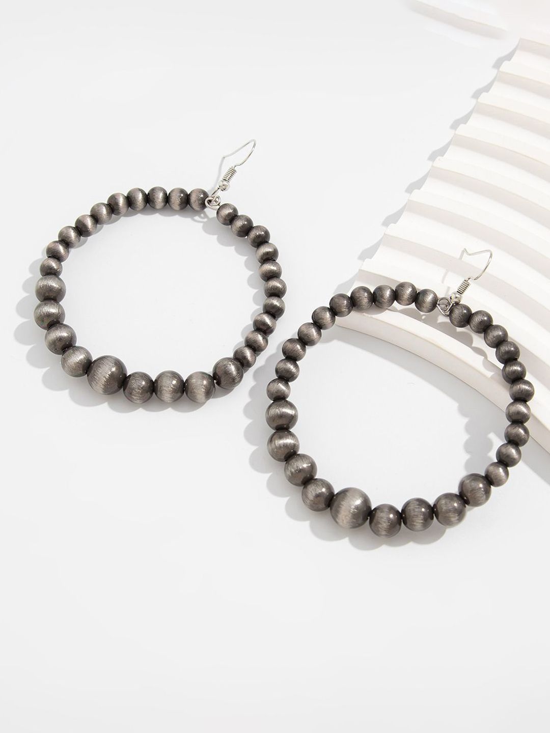 Silver-Plated Beaded Oxidised Circular Shaped Half Hoop Earrings