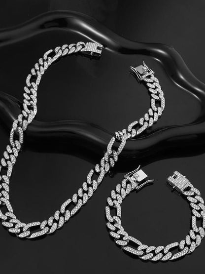 SALTY Men Stainless Steel Stone Studded Anarchy Silver Punk Necklace and Bracelet Set