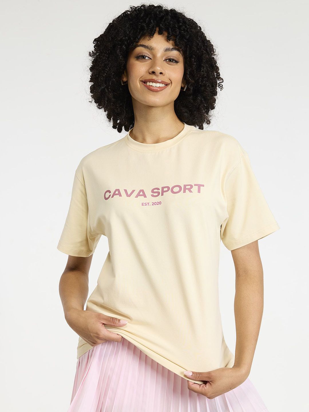 Women Cream Love All Oversized Printed Cotton-Spandex Tee