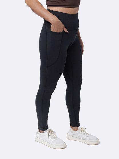 Women Black High Waisted Cotton Leggings with Hidden Drawstring