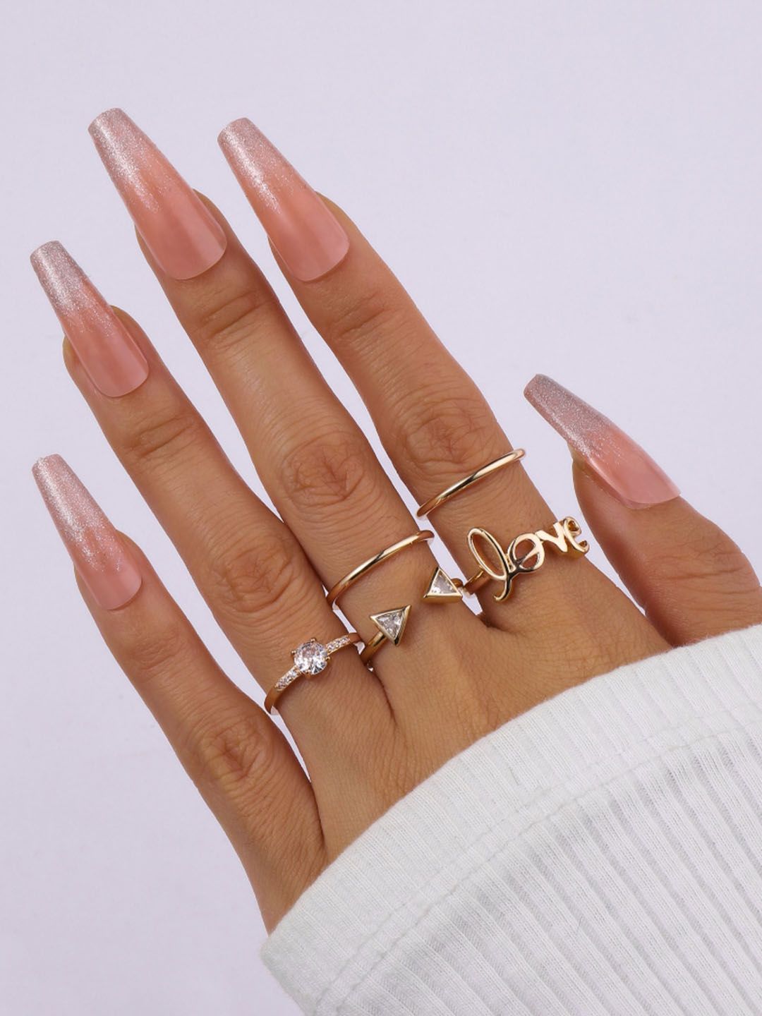 SALTY Set Of 5 Stone Studded Love Detail Alexa Finger Rings
