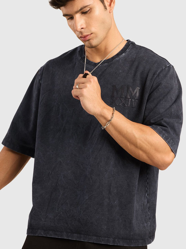 Men Typography Printed Round Neck Cotton Acid Wash Oversized T-shirt
