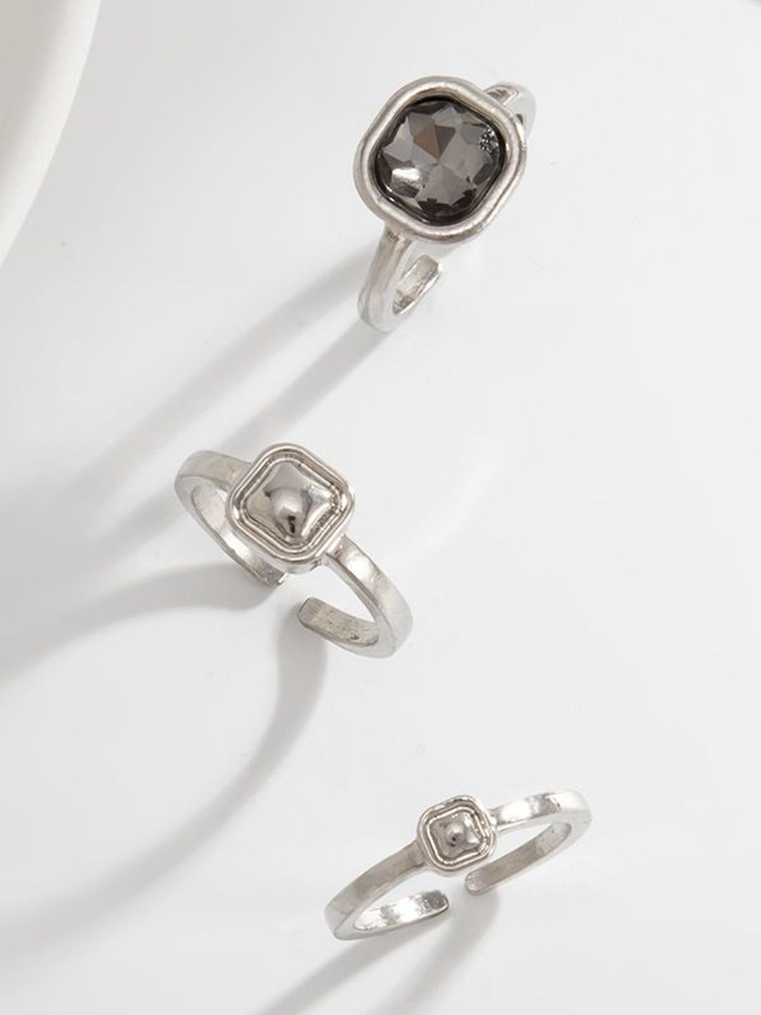Set of 3 Silver-Plated Stone-Studded Finger Ring