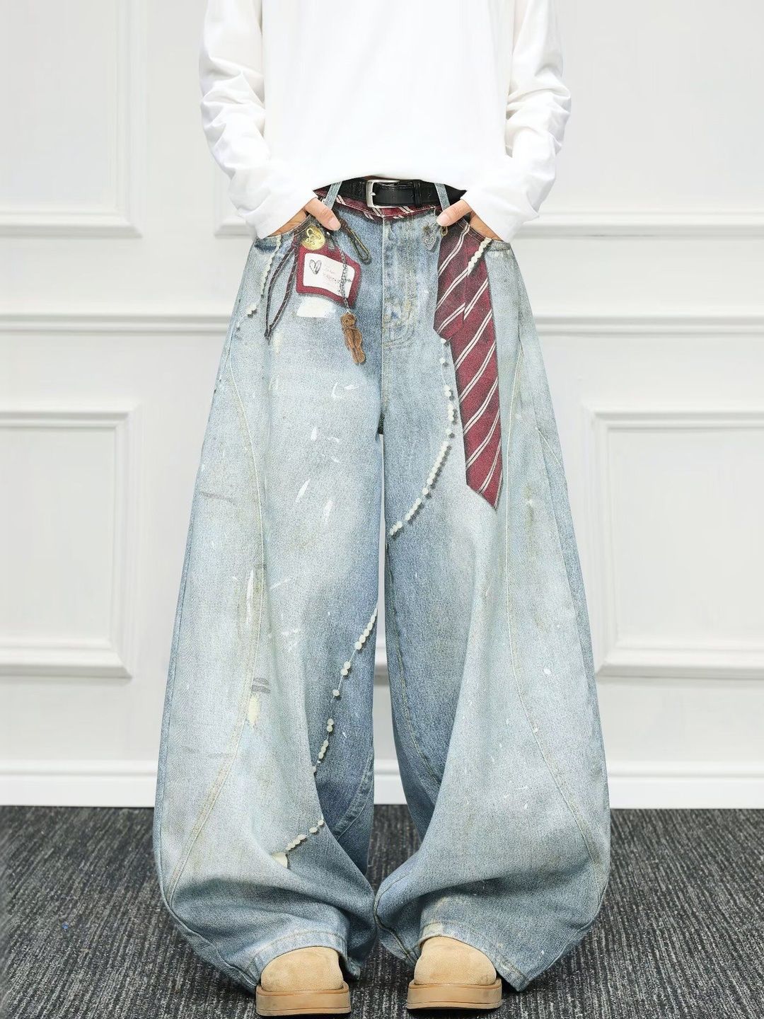Men Wide Leg Mid-Rise Light Fade Printed Jeans