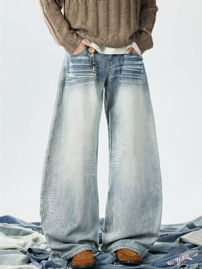 Men Wide Leg Mid-Rise Light Fade Jeans