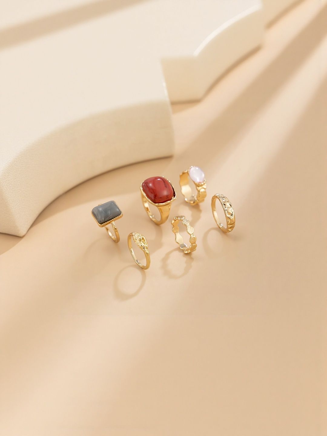 Women Set Of 6 Gold-Plated Stones Studded Finger Ring