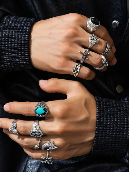 Men Set Of 11 Silver-Plated Stone-Studded Finger Ring