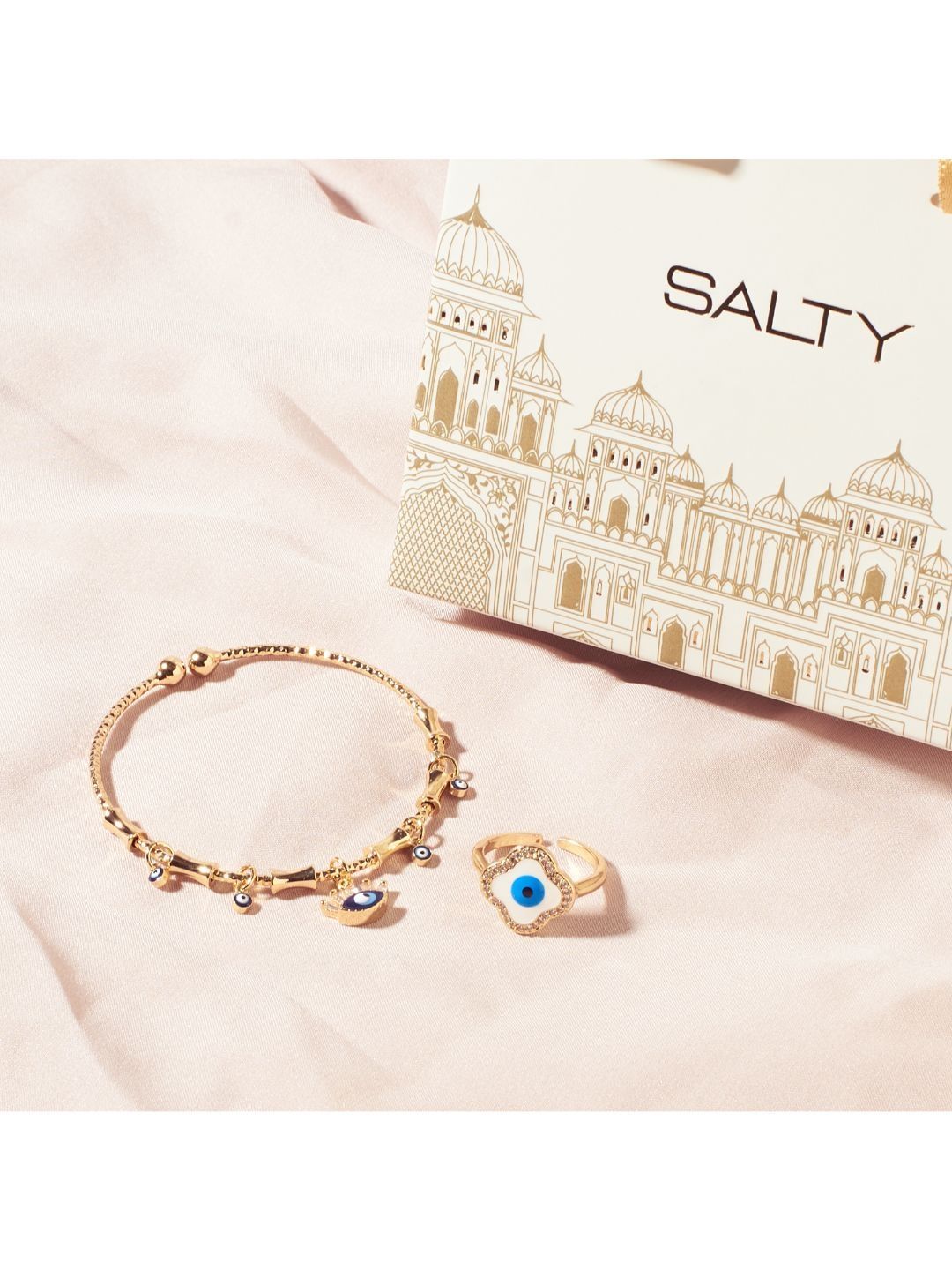SALTY Chic Evil Eye Tassel Bangle & Greek Evil Eye Ring Jewellery Set