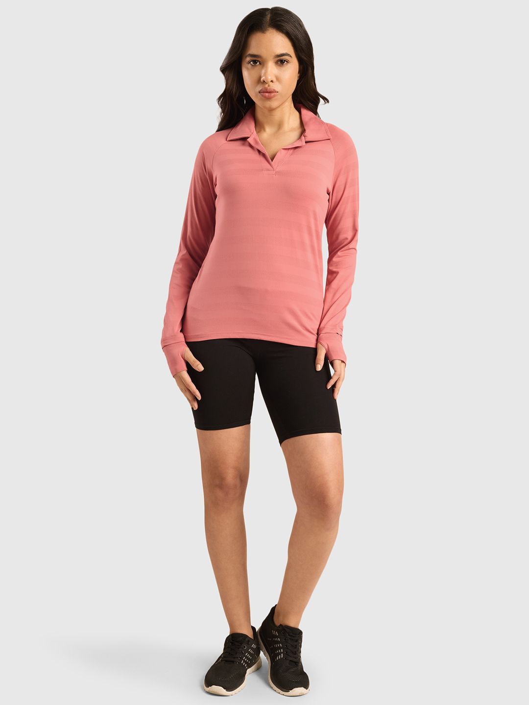 Vogue Women Self Design Full Sleeves Polo Collar T-shirt