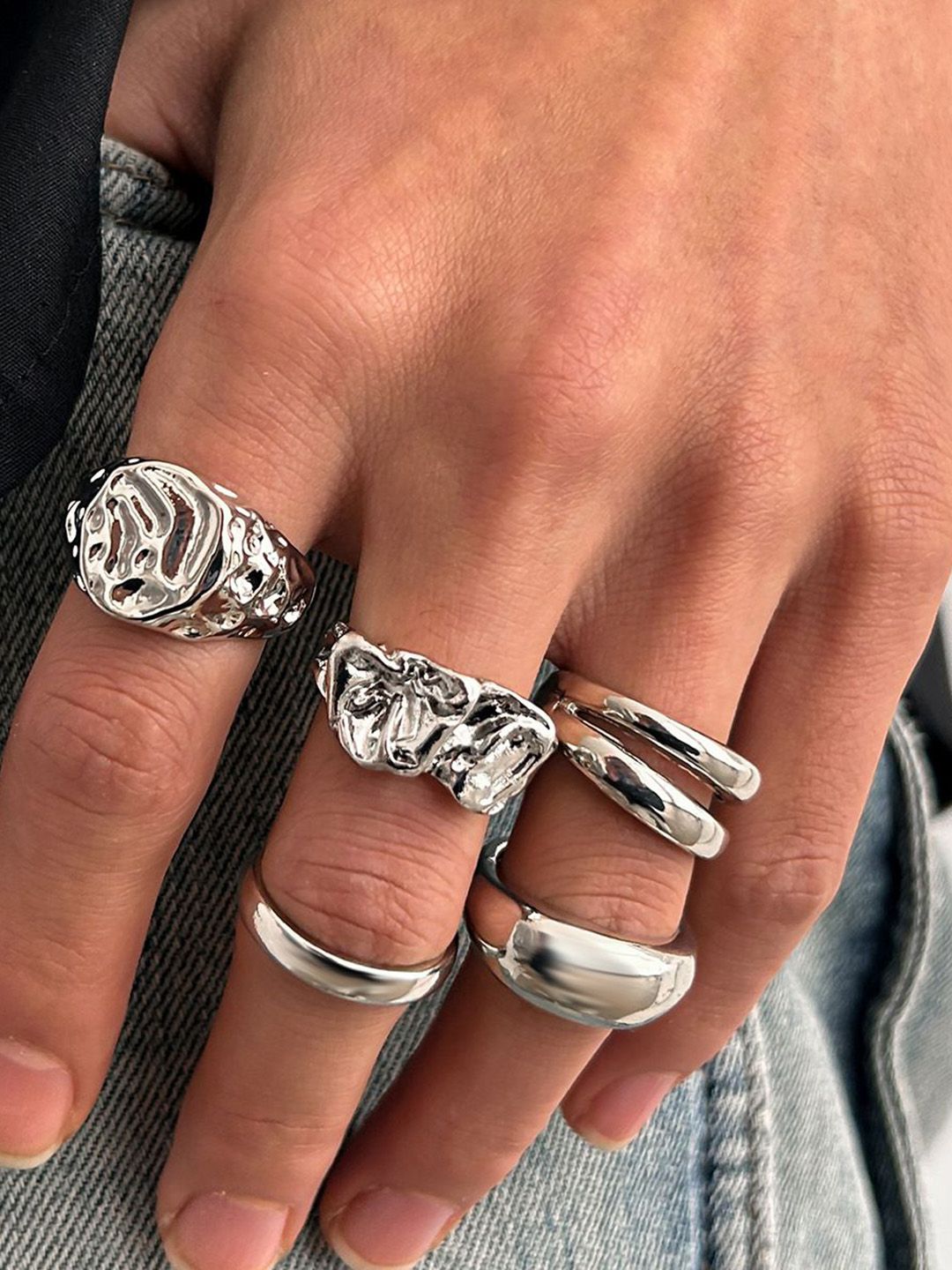 Men Pack of 5 Silver-Plated Finger Rings