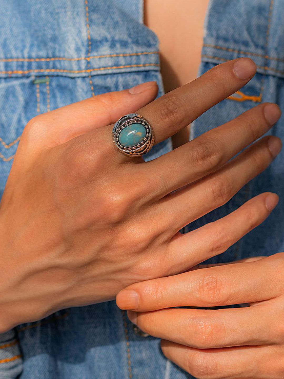 Silver-Plated Stone-Studded Adjustable Finger Ring