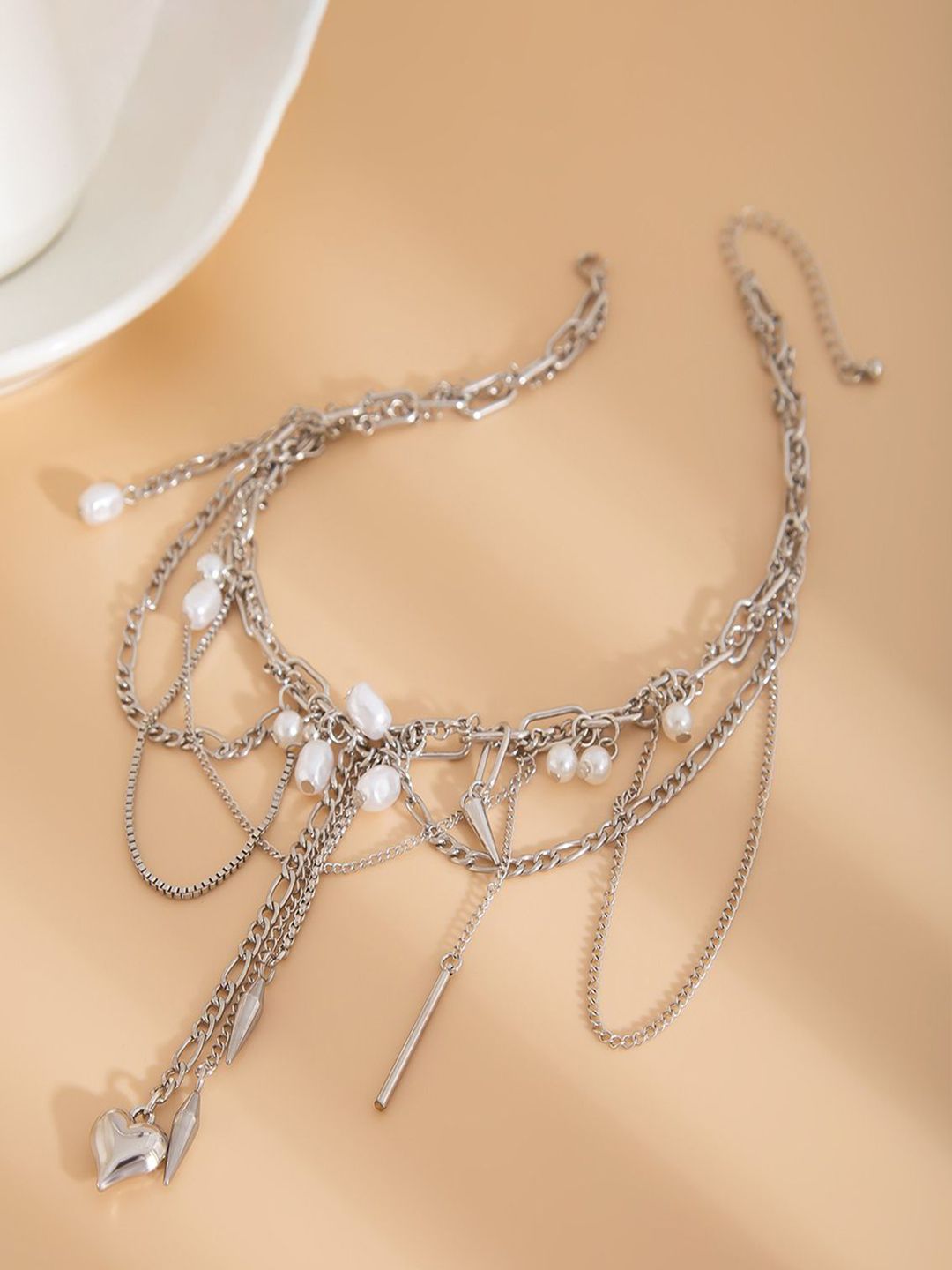 Silver-Plated Artificial Beaded Tasselled Statement Necklace