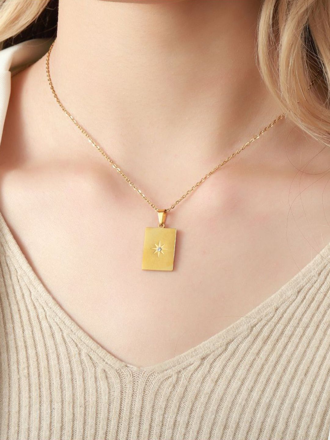 SALTY Gold Plated Rectangle Charm Pendant With Chain