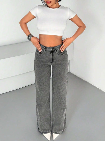 Women Classic Wide Leg Mid-Rise Stretchable Jeans