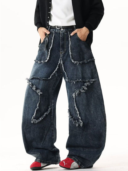 Men Wide Leg Mid-Rise Light Fade Applique Jeans