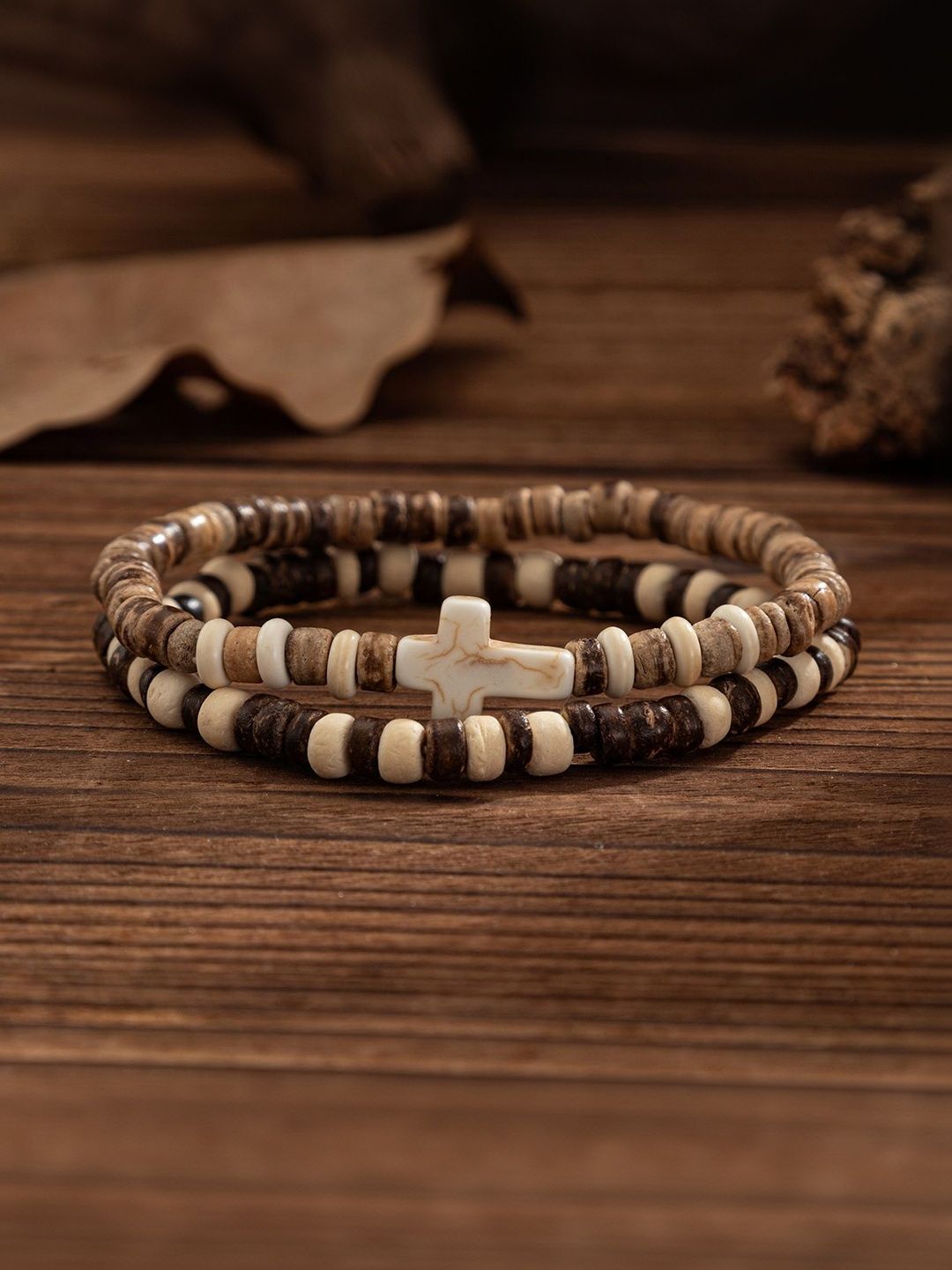 Men Set of 2 Wooden Elastic Bracelets