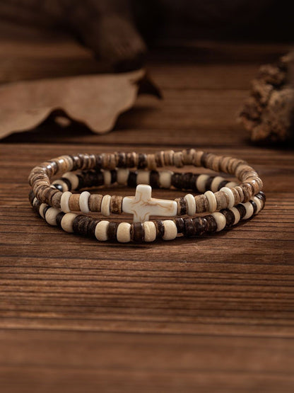Men Set of 2 Wooden Elastic Bracelets