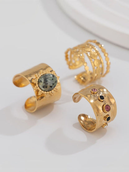 Set Of 3 Gold-Plated Stone-Studded Adjustable Finger Rings