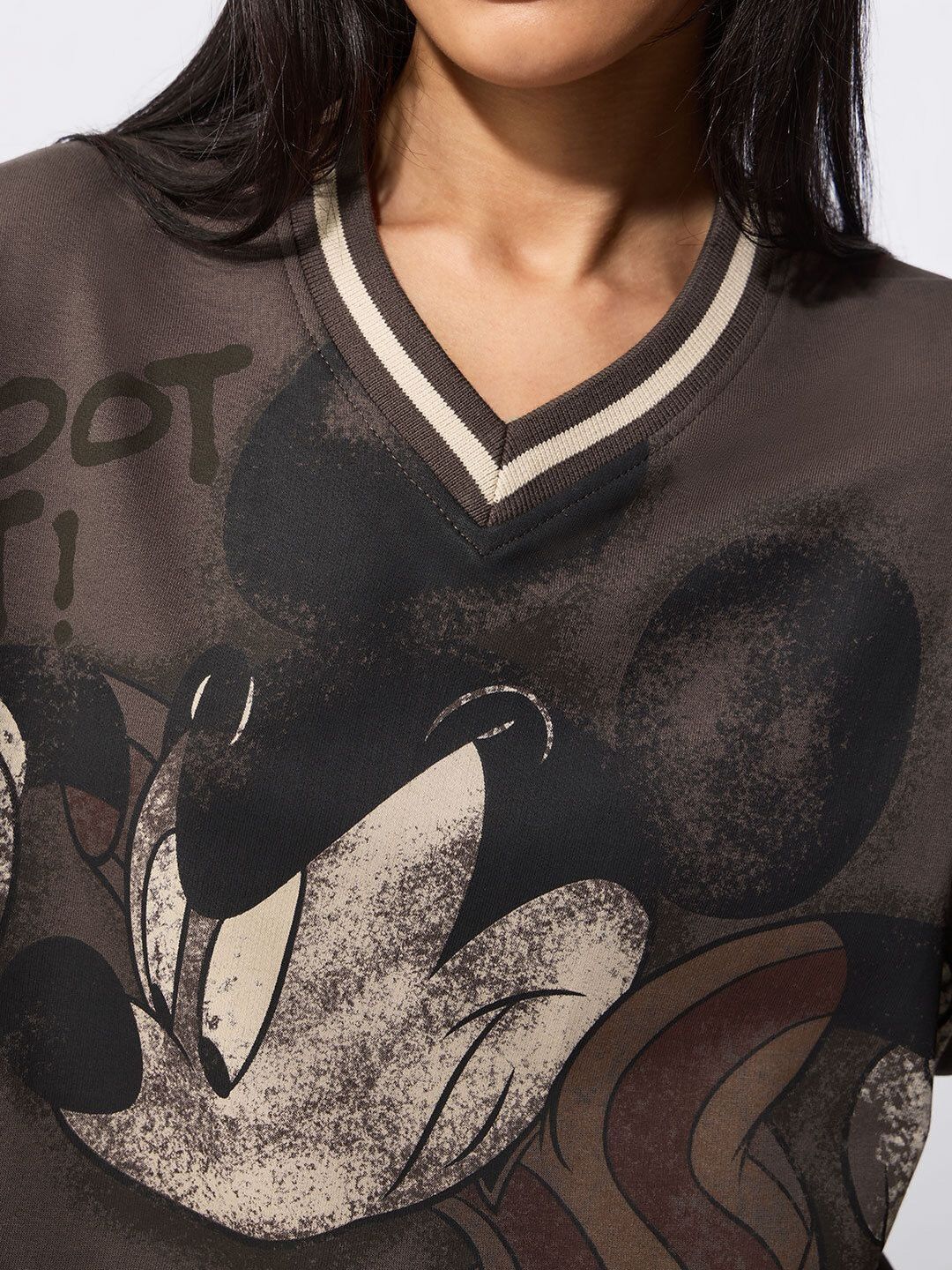 Women Mickey Mouse Printed V-Neck Drop-Shoulder Sleeves T-shirt