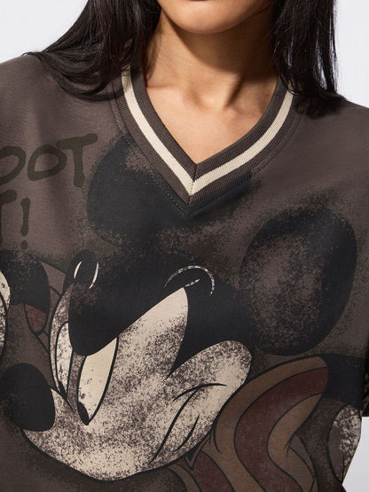 Women Mickey Mouse Printed V-Neck Drop-Shoulder Sleeves T-shirt