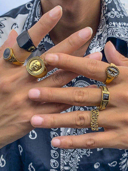 Men Pack Of 6 Gold-Plated Stone Studded Finger Rings