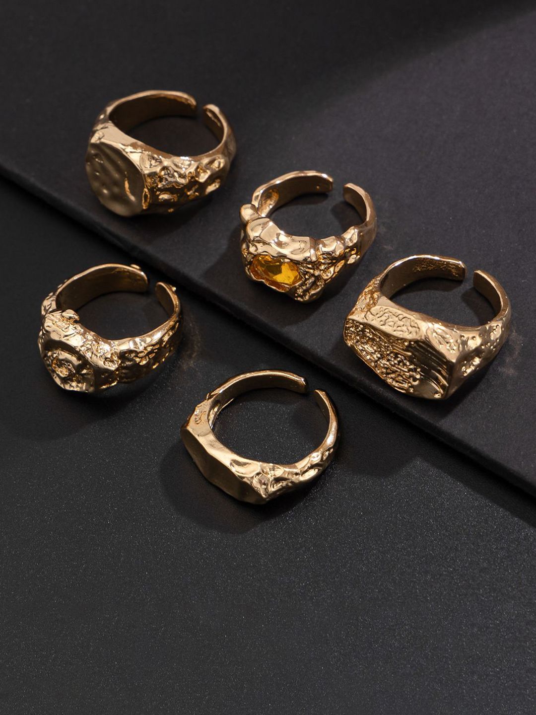 Men Pack of 5 Gold-Plated Stone Studded Finger Rings