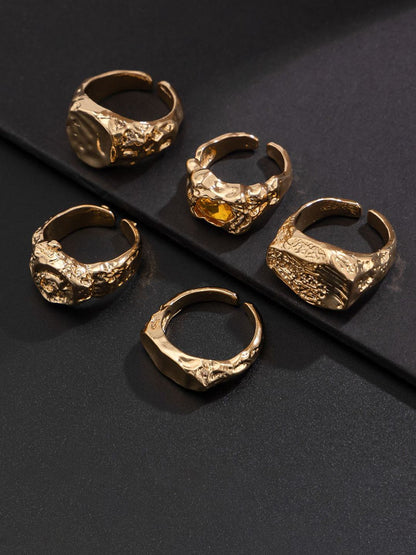 Men Pack of 5 Gold-Plated Stone Studded Finger Rings