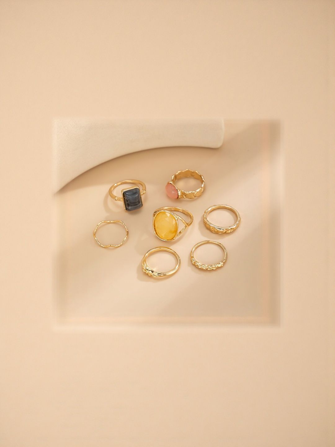 Set of 7 Gold-Plated Stone-Studded Finger Rings