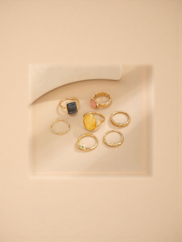 Set of 7 Gold-Plated Stone-Studded Finger Rings