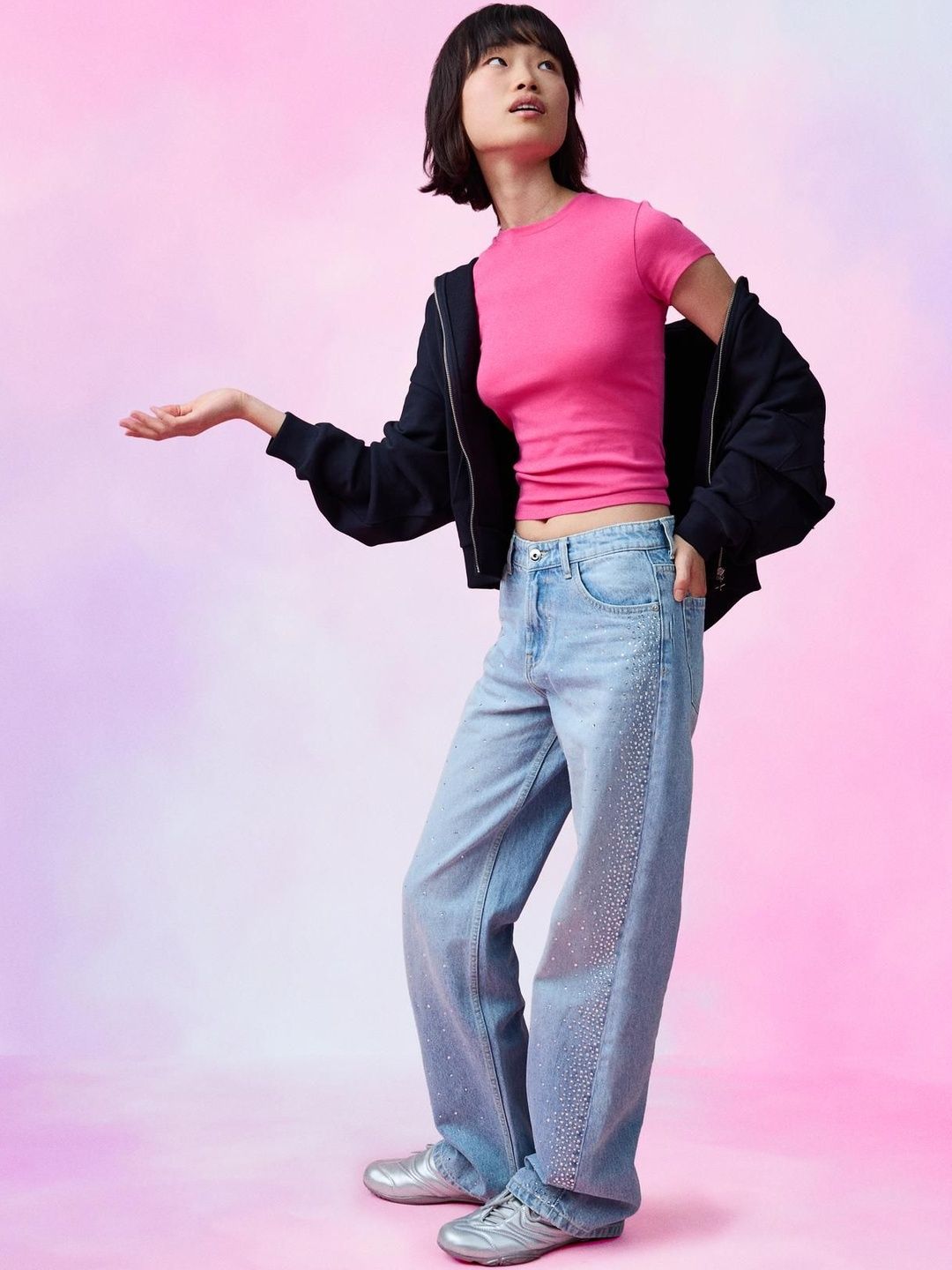 High-Waist Shimmery Straight Wide-Leg Jeans