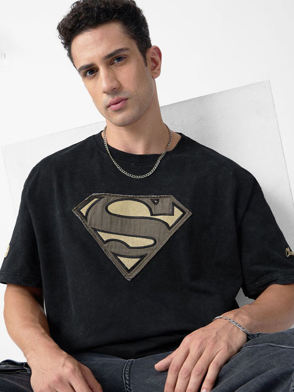 Men Oversized Fit Superman Printed Black T-Shirts