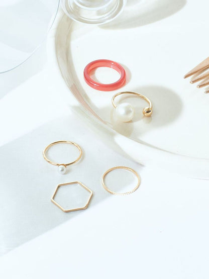 SALTY Set Of 5 Cherry Pearl Stylish Adjustable Finger Rings