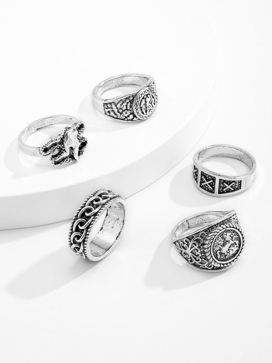 Men Pack of 5 Silver-Plated Finger Rings