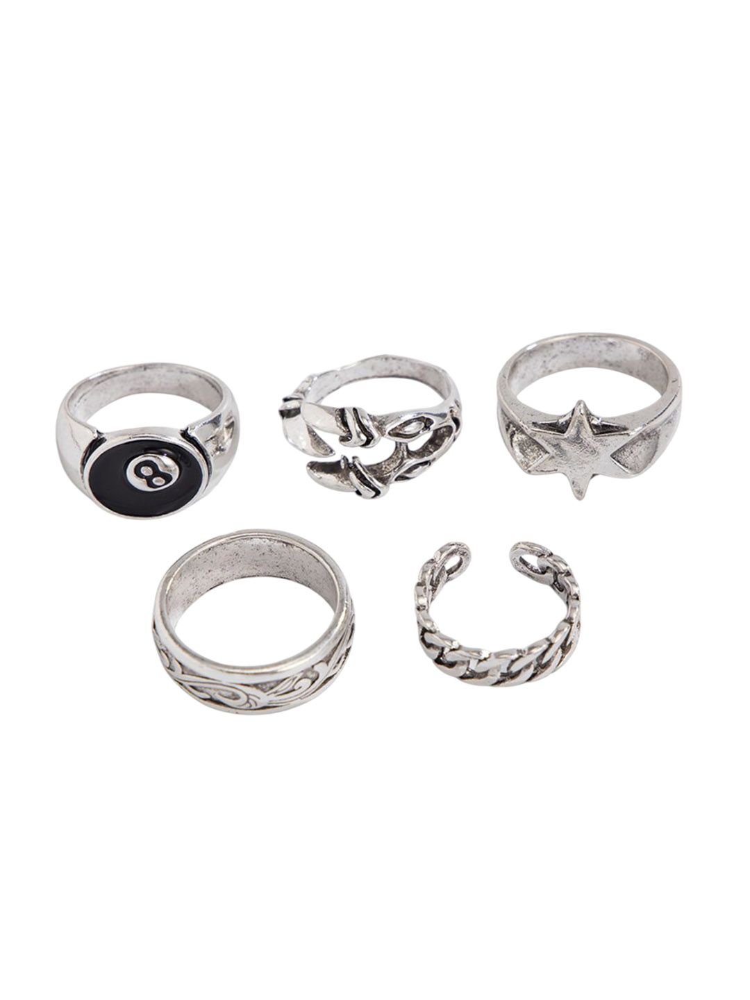 Set Of 5 Sliver-Plated Adjustable Finger Rings