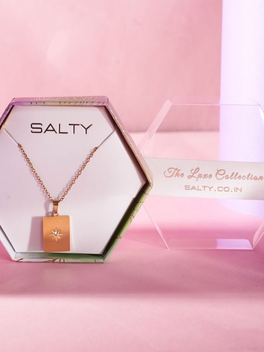 SALTY Gold Plated Rectangle Charm Pendant With Chain