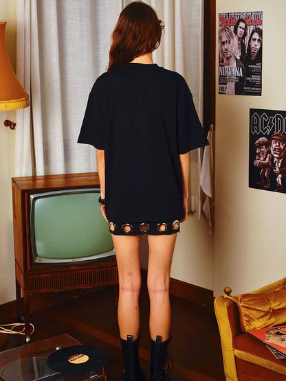Women Typography Printed Extended Sleeves Applique T-shirt