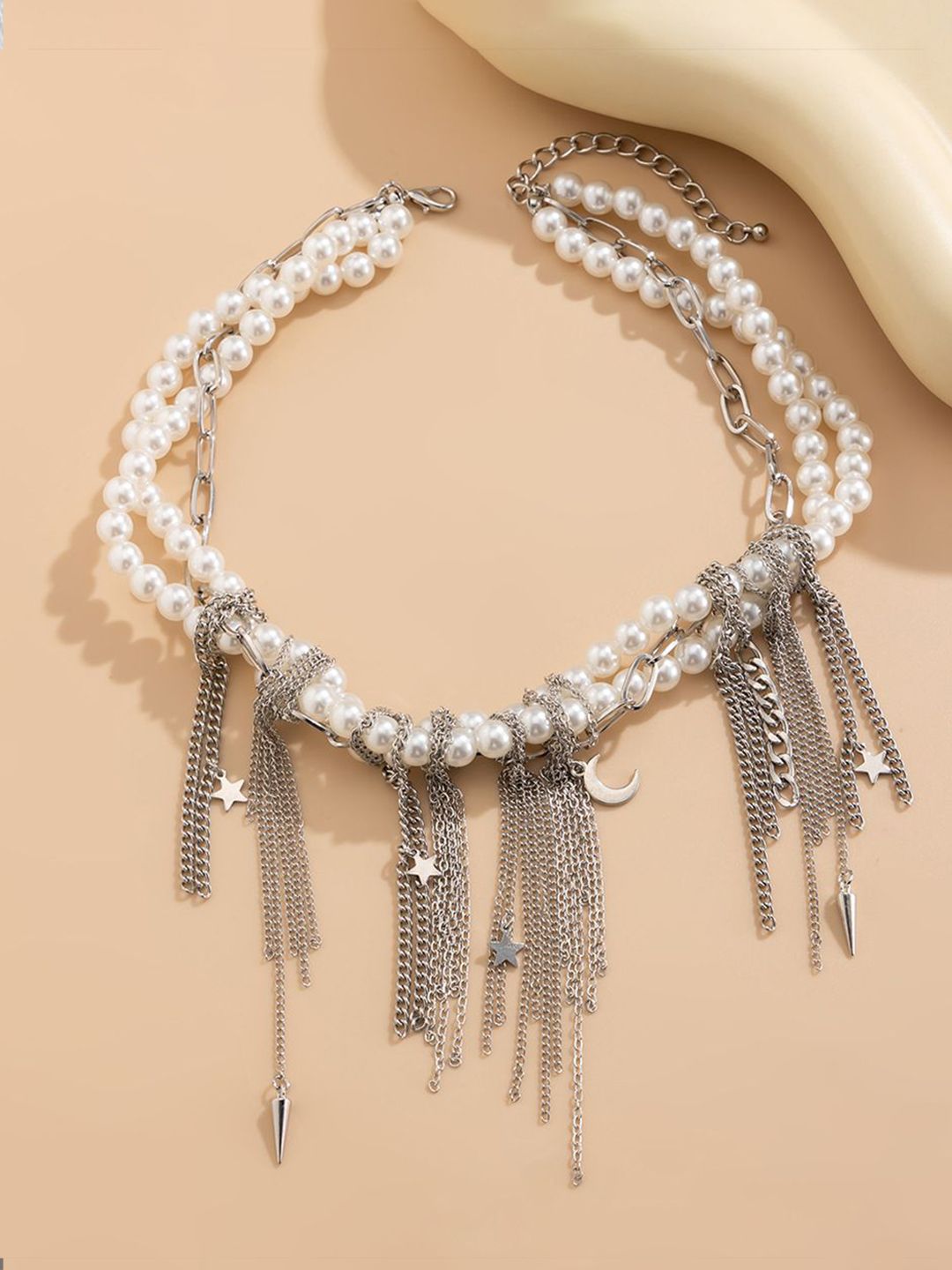 Silver-Plated Pearls Beaded Tasselled Statement Necklace
